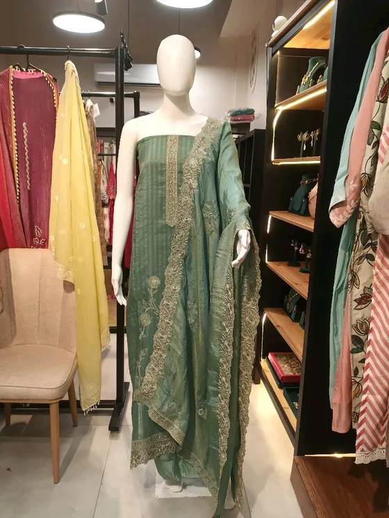 Green Embroidered Unstitched Dress Material (D393)
