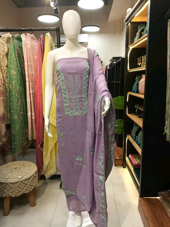 Lavender Embroidered Unstitched Dress Material (D0307)