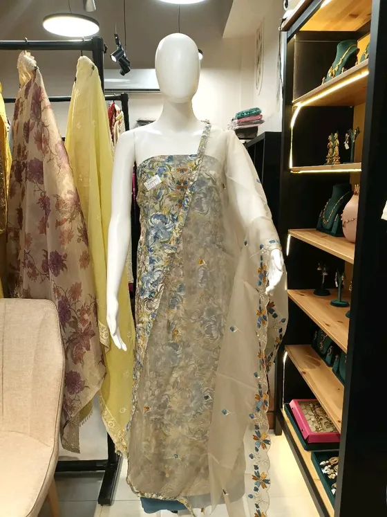 Light Blue and Yellow Printed Embroidered Unstitched Dress Material (D0138)