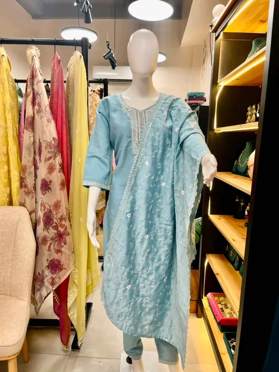 Light Blue Embroidered Straight Suit (R0133)