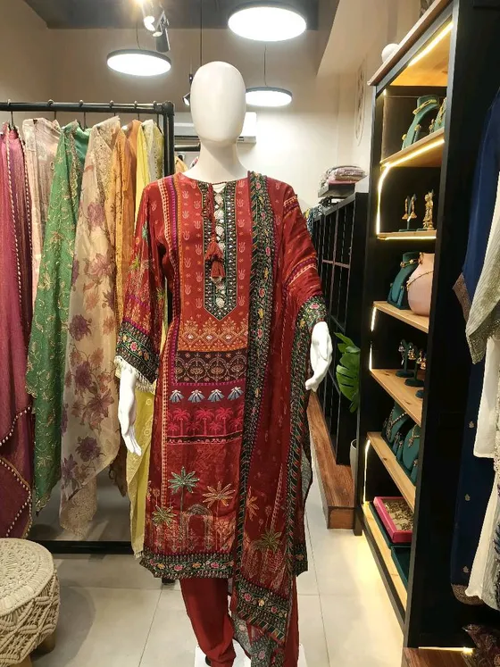 Maroon Printed and Embroidered Straight Suit (R225)