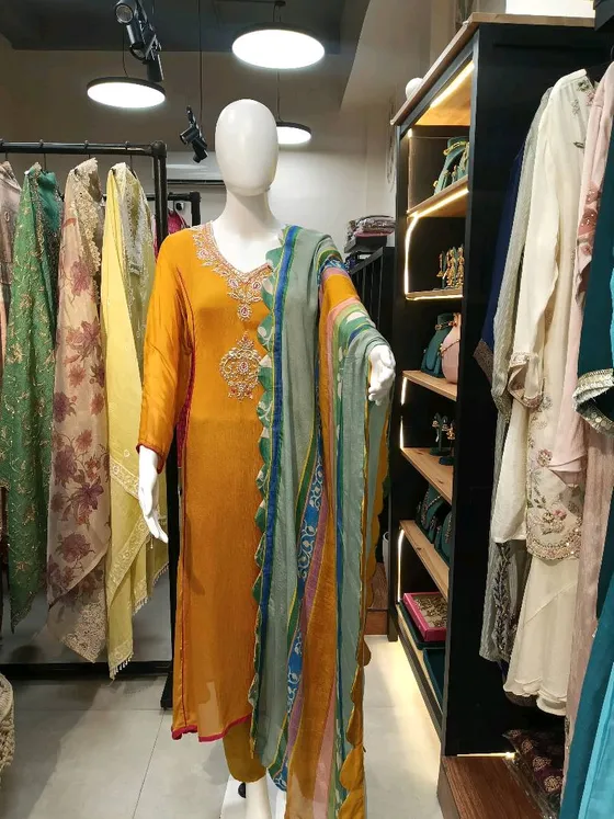 Mustard Yellow Embroidered Straight Suit (R0080)