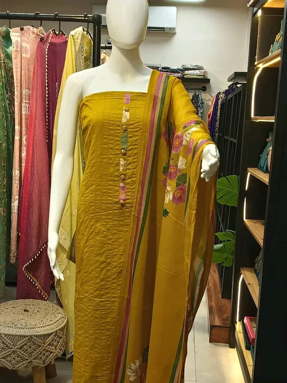 Mustard Yellow Printed Unstitched Dress Material (D414)