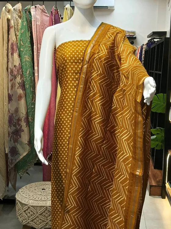 Mustard Yellow Printed with Zari Border Unstitched Dress Material (D439)