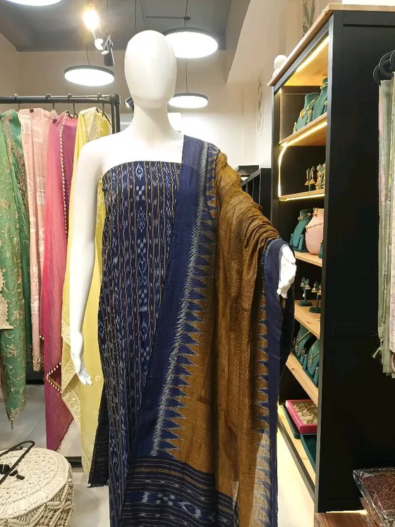 Navy Blue and Brown Printed Unstitched Dress Material (D420)