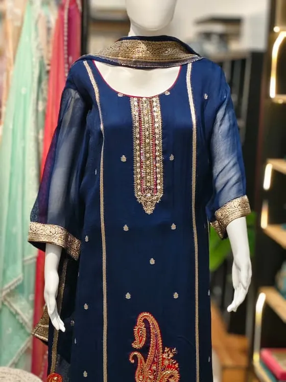 Navy Blue Embroidered Straight Suit (R259)