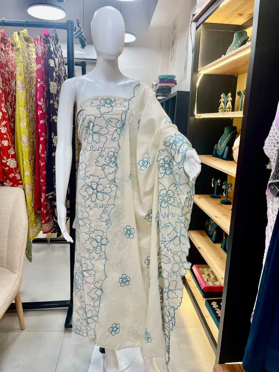 Off White Embroidered Dress Material (D454)