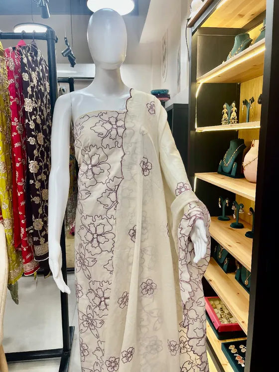 Off-White Embroidered Dress Material (D454)