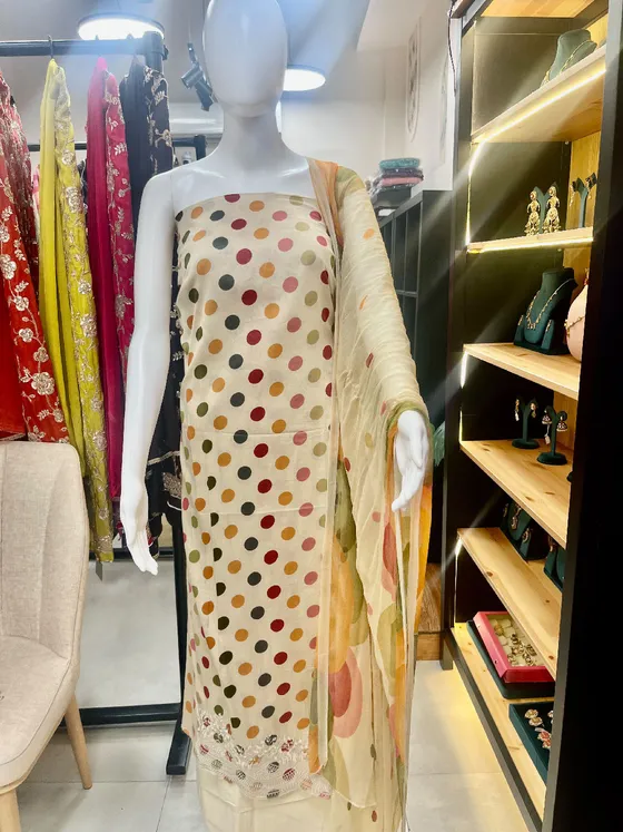 Off-White Printed and Embroidered Dress Material (D459)