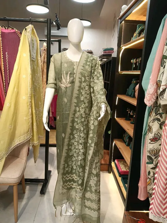 Olive Green Embroidered Dress Material (D0269)