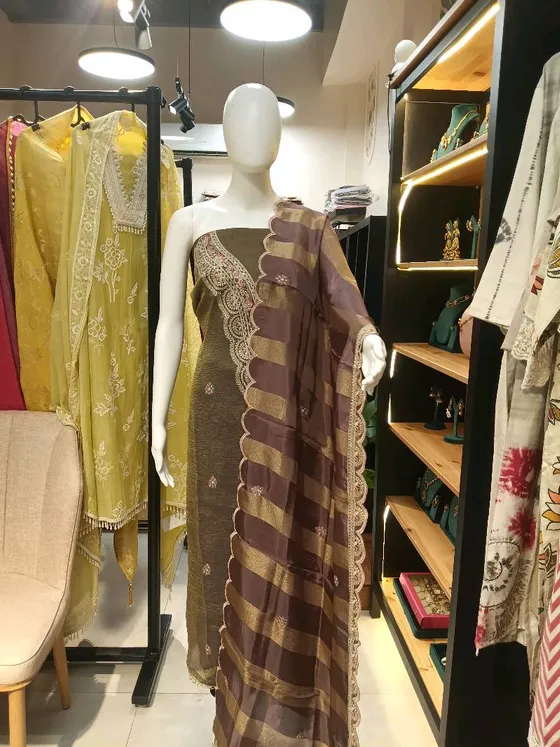 Olive Green Embroidered Dress Material with Striped Dupatta (D354)