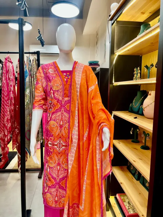 Orange Pink Printed Dress Material (D468)