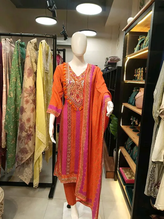 Orange Printed Mirror Work Straight Suit (R161)