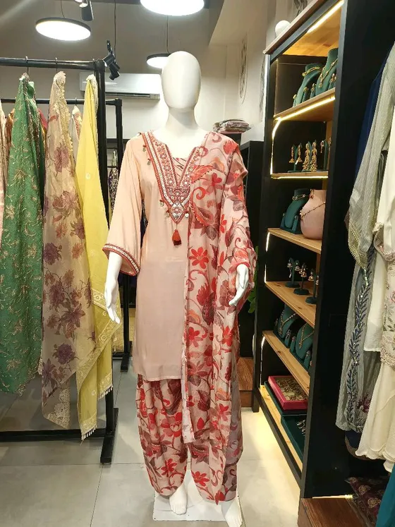 Peach Embroidered and Printed Patiala Suit (R235)