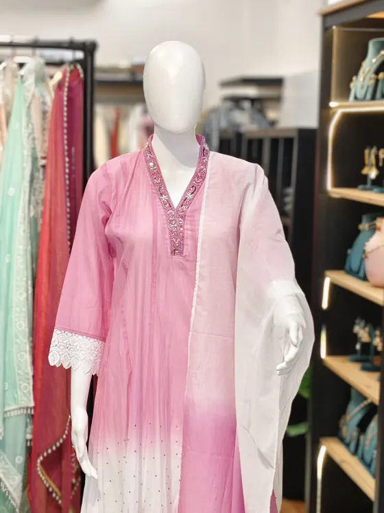 Pink and White Mirror Work and Embroidered Straight Suit (R263)