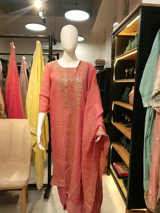 Pink Embroidered Unstitched Dress Material (D353)