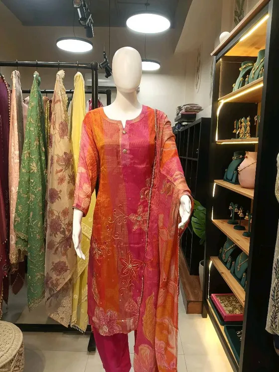 Pink Orange Embroidered Sequined Straight Suit (R0119)