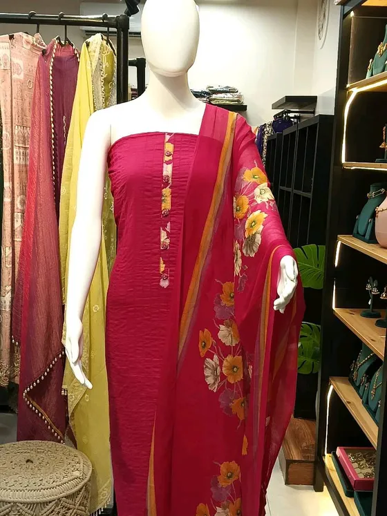 Pink Printed and Button Embellished Unstitched Dress Material (D414)