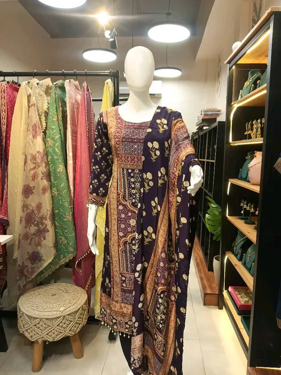 Purple Printed Straight Suit (R255)