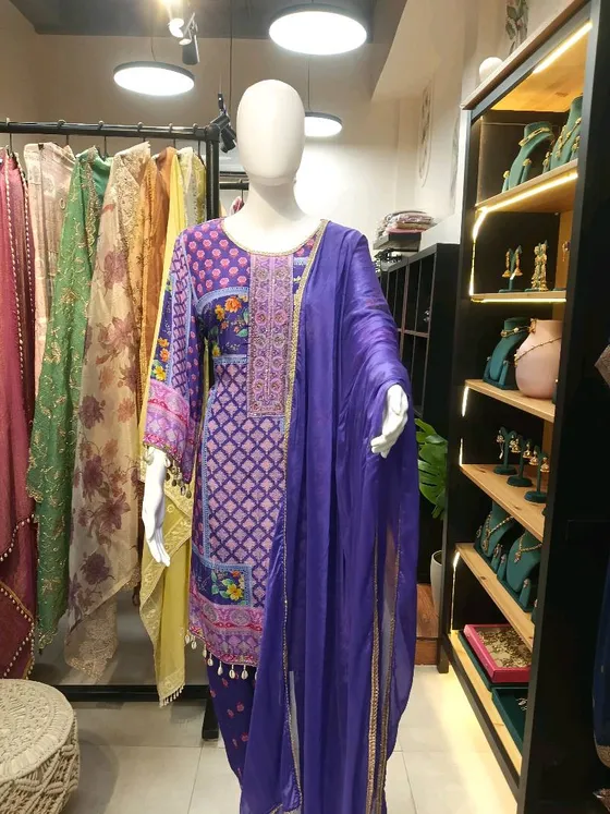 Purple Printed Zari Straight Suit (R218)