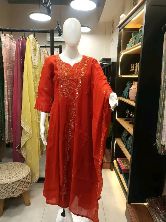 Red Embroidered Mirror Work Anarkali Suit (R262)