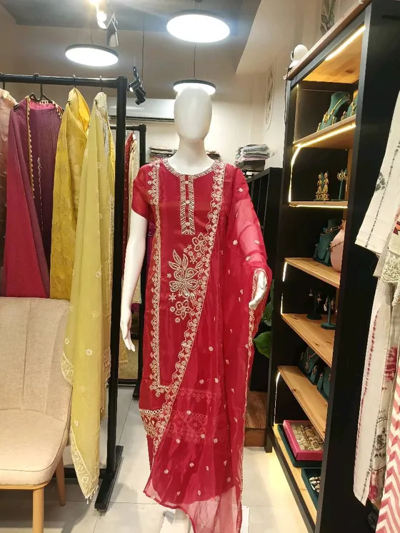 Red Embroidered Unstitched Dress Material (D0140)