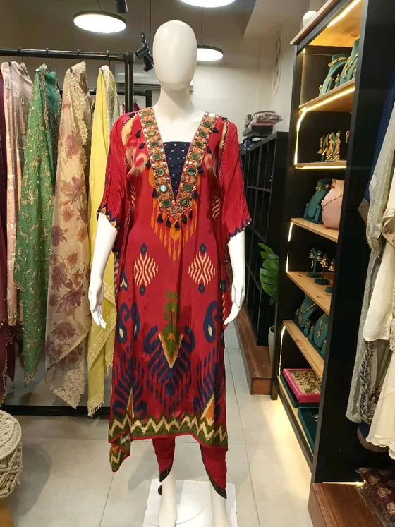 Red Mirror Work Printed Kaftan Suit (R248)