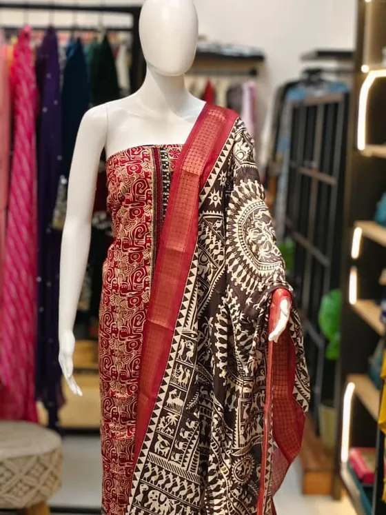 Red Printed Unstitched Dress Material (D429)