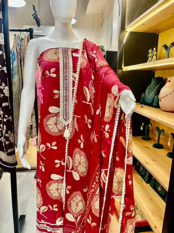 Red Printed with Lace Work Unstitched Dress Material (D483)
