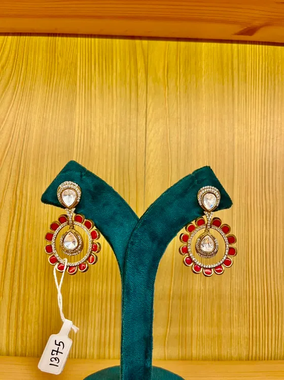 Red Stone Gold Toned Drop Earrings