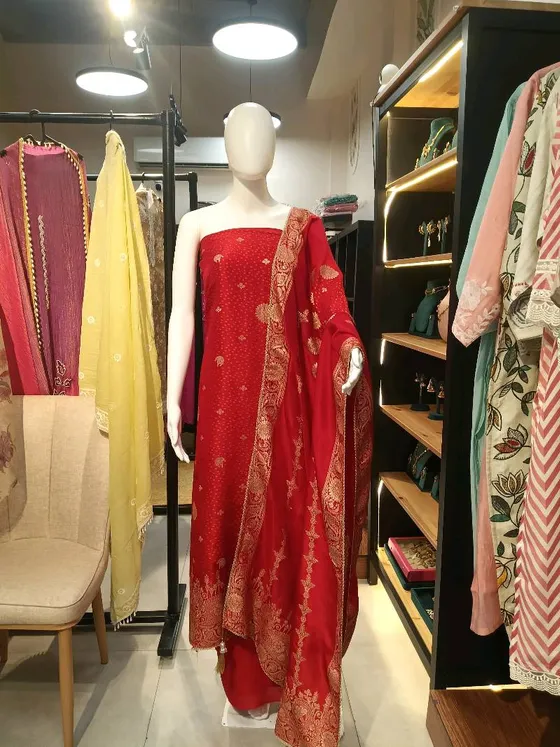 Red Zari Work Unstitched Dress Material (D379)
