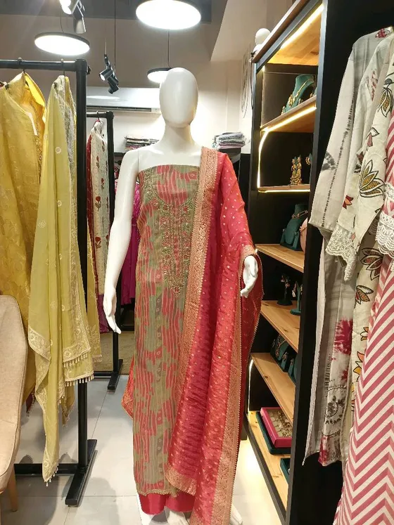 Sage Green and Pink Embroidered Unstitched Dress Material (D0126)