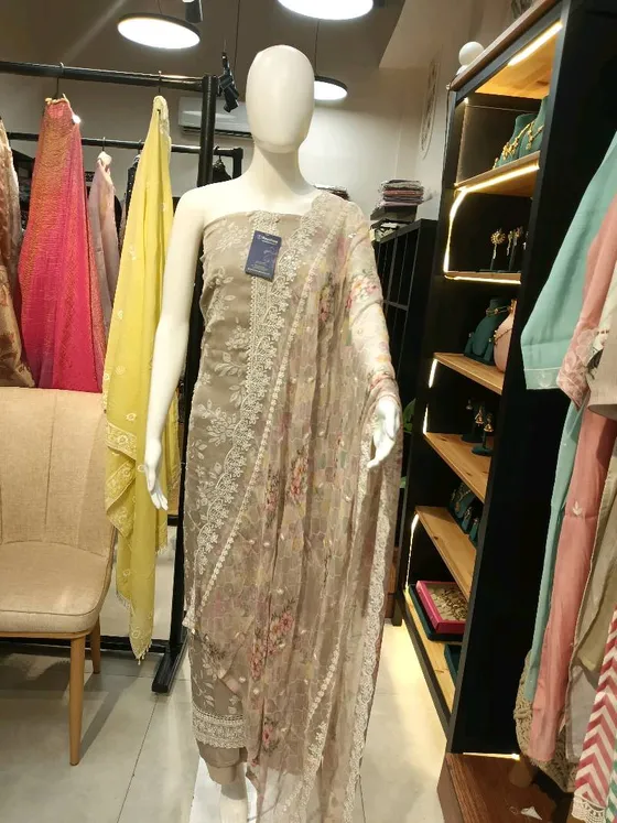 Taupe Embroidered Printed Unstitched Dress Material (D0020)
