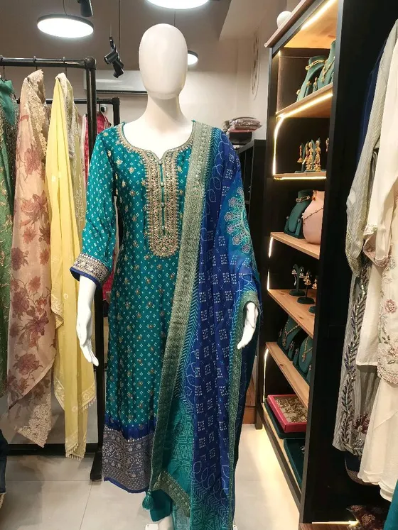 Teal and Blue Embroidered Printed Straight Suit (R0070)