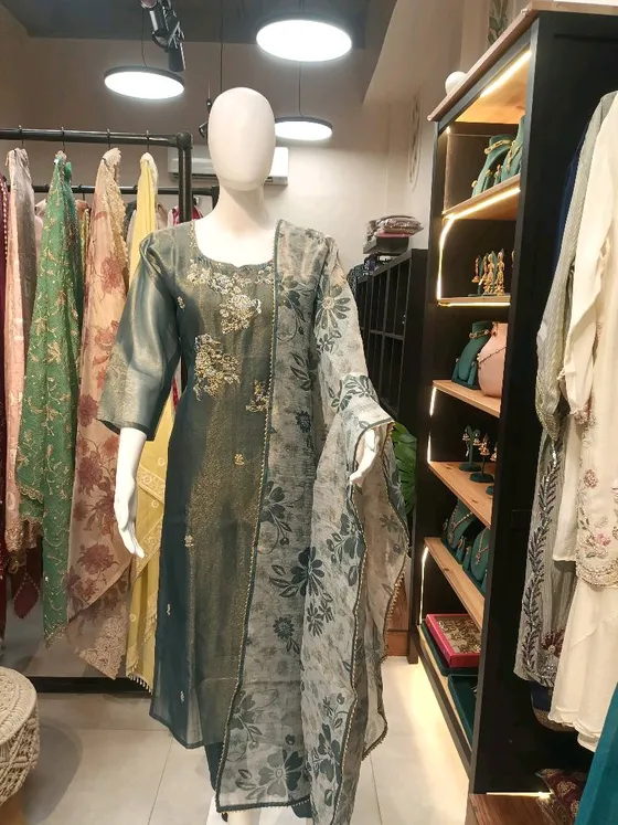Teal Embroidered Straight Suit (R0069)