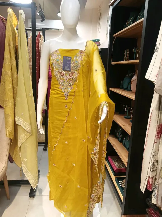 Yellow Embroidered Unstitched Dress Material (D363)
