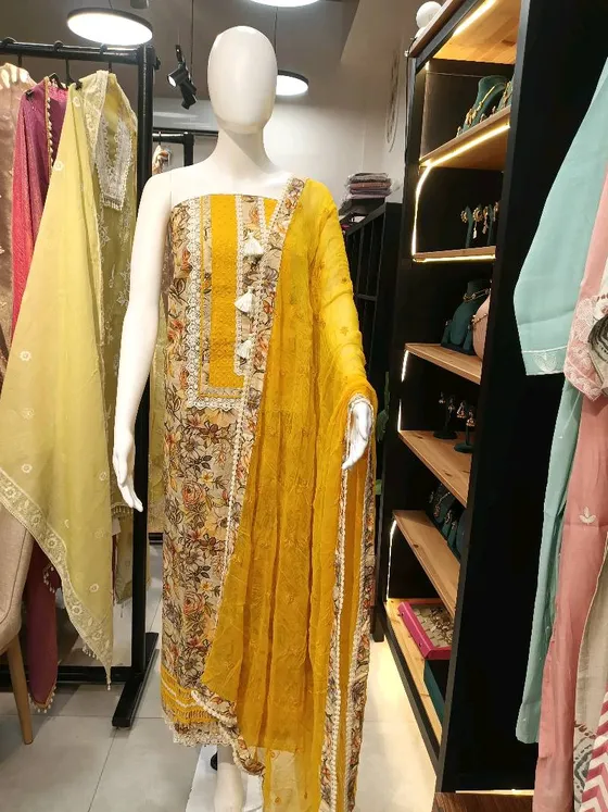 Yellow Multi-Color Printed Dress Material (D408)