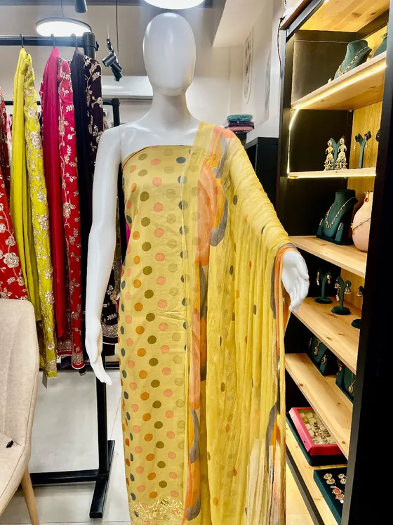 Yellow Printed Unstitched Dress Material (D459)